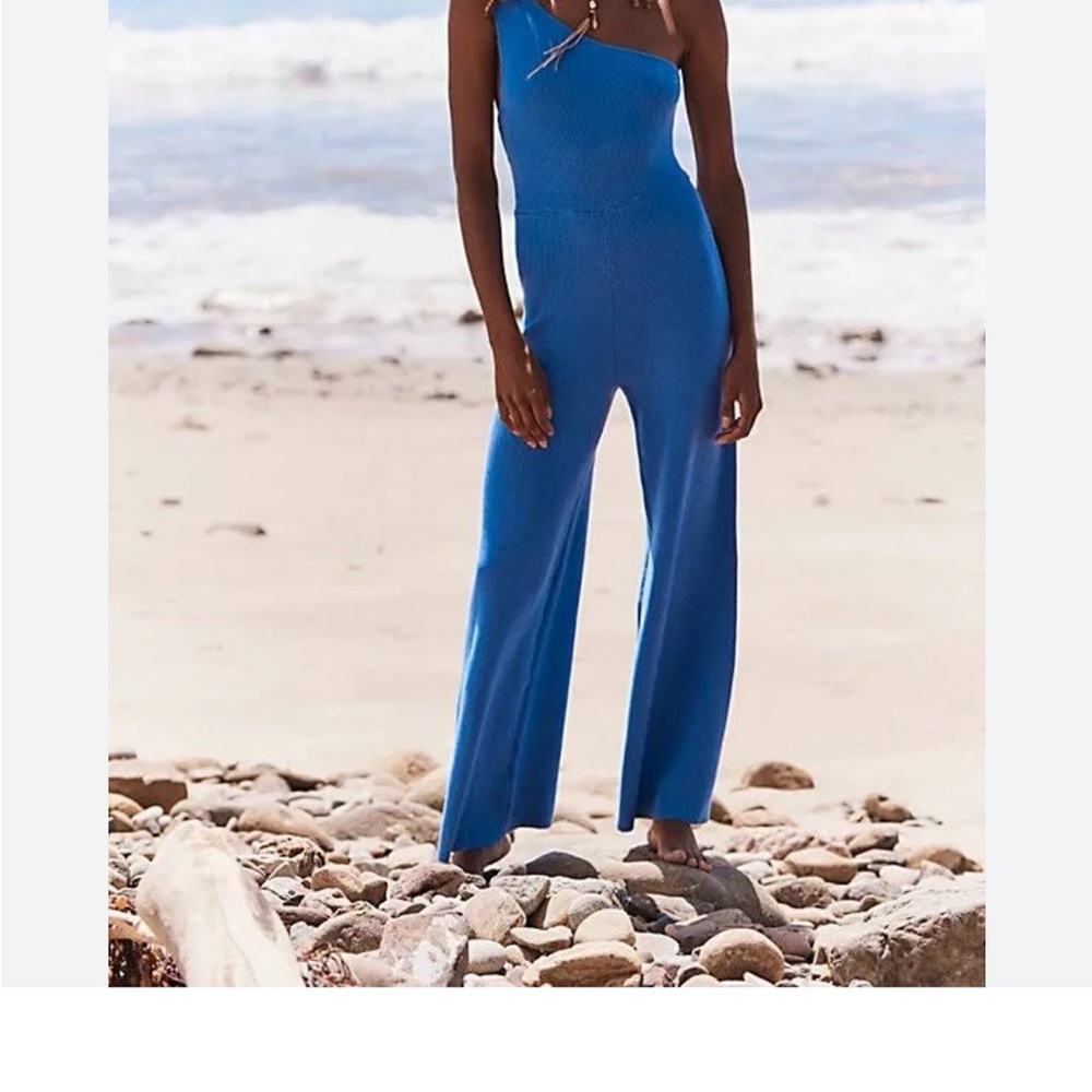 Free People Blue Halter Jumpsuit with Wide-Leg Design